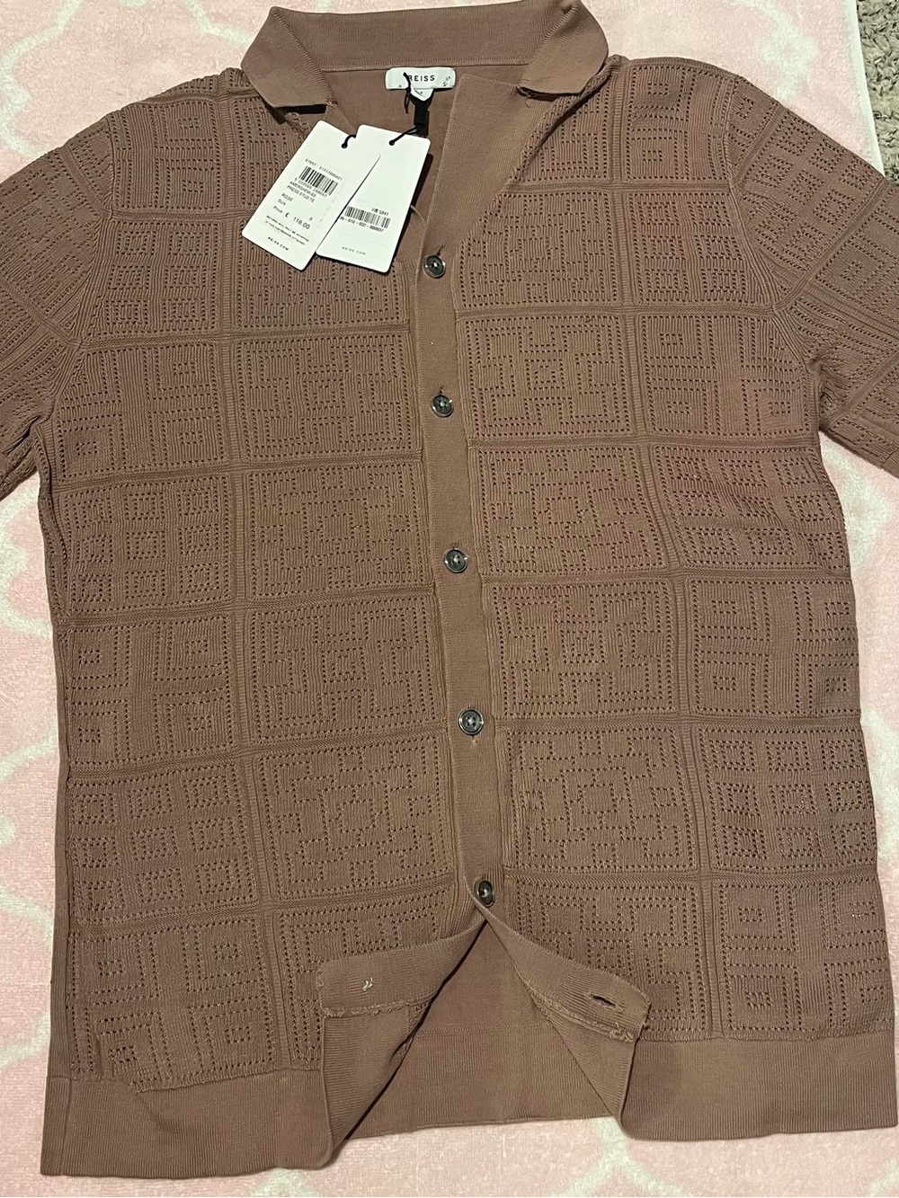Reiss London Slim Fit Knit Button-Through Shirt Amershem Rose Geometric w/ Tags